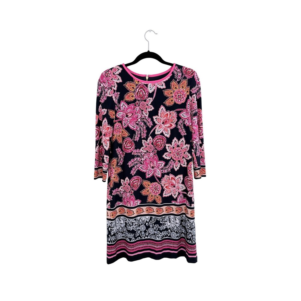 Eliza J Floral Paisley 3/4 Sleeve Shift Dress Navy Pink Vacation Travel 8 M - Picture 2 of 8